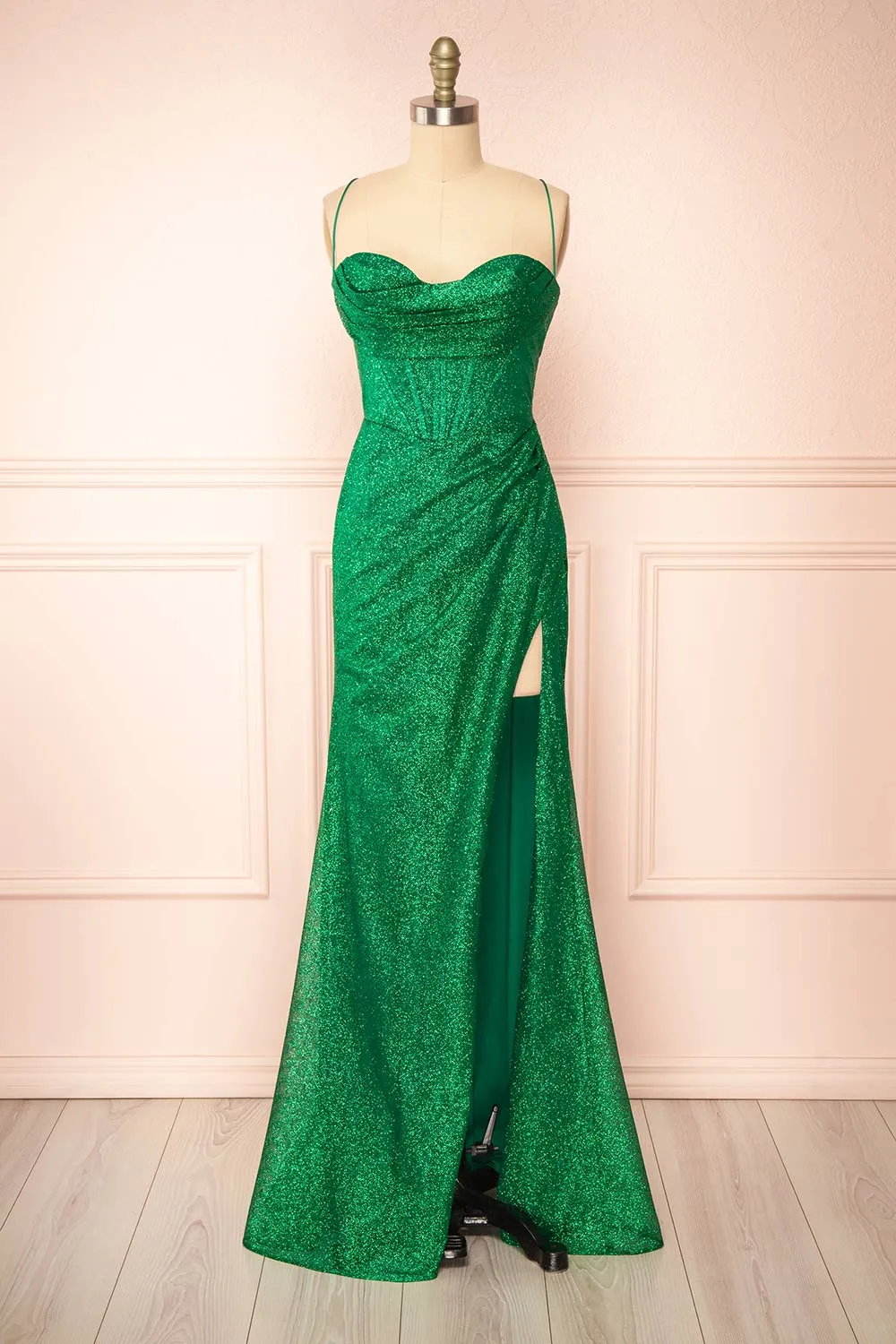 Frosti Green | Sparkly Cowl Neck Maxi Dress sold by Boutique 1861