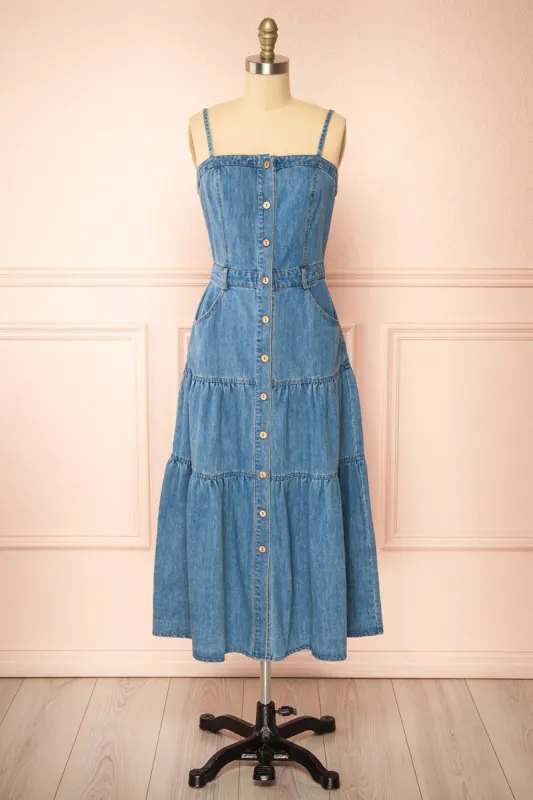 Moprina | Long Blue Denim Dress w/ Pockets sold by Boutique 1861