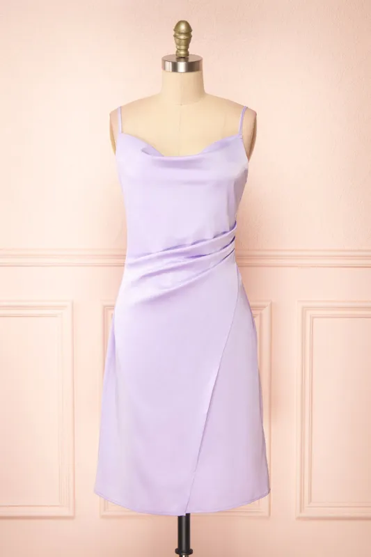 Zaina Lilac | Cowl Neck Satin Slip Dress sold by Boutique 1861