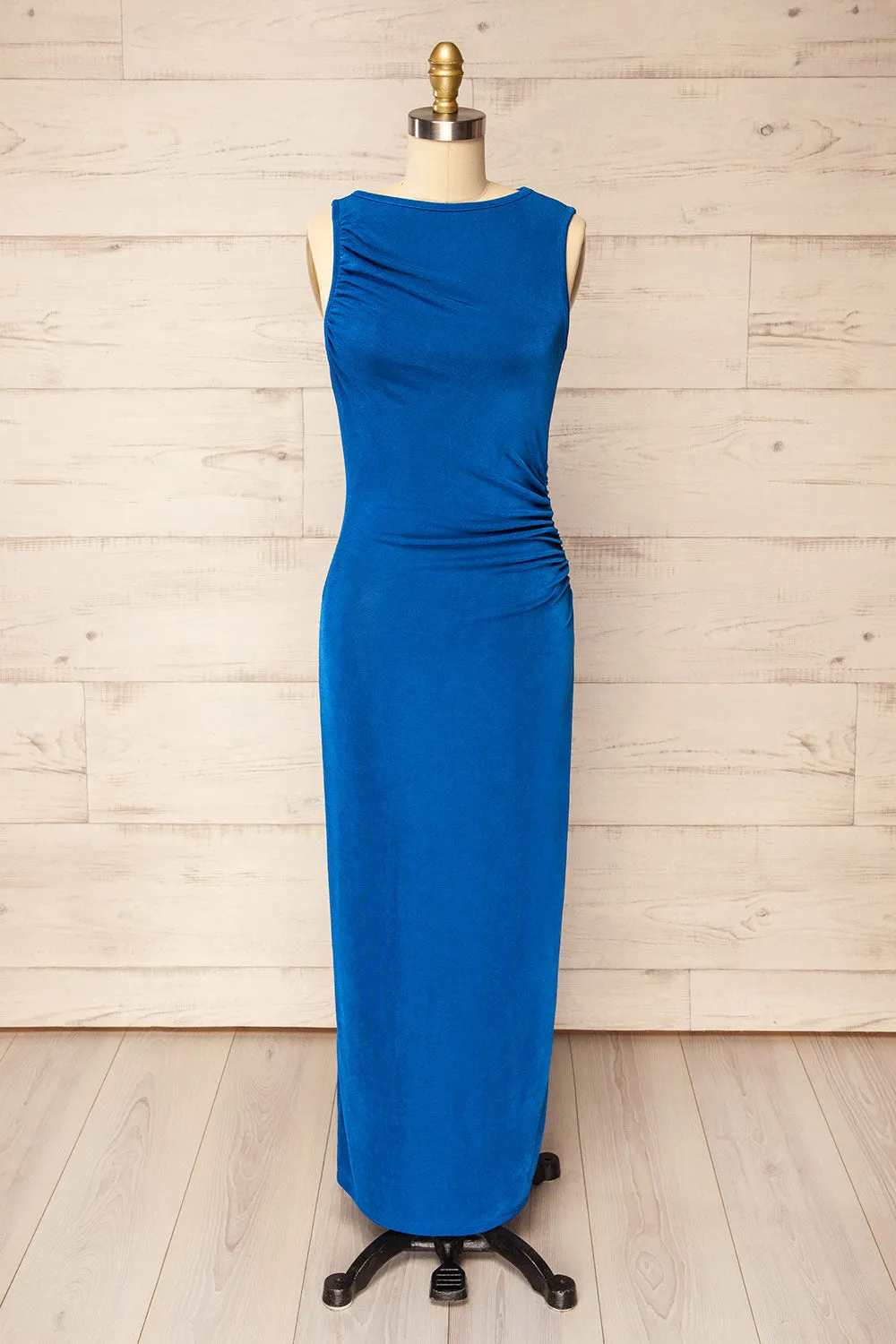 Belleville | Sleeveless Blue Ruched Maxi Dress sold by Boutique 1861