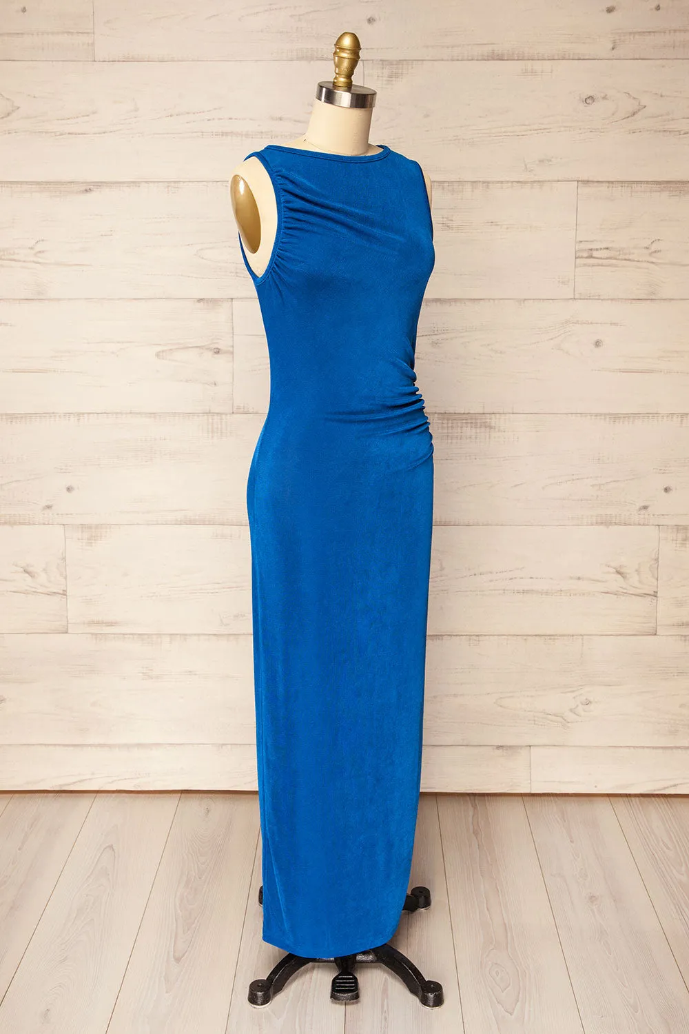 Belleville | Sleeveless Blue Ruched Maxi Dress sold by Boutique 1861 product image thumbnail 3