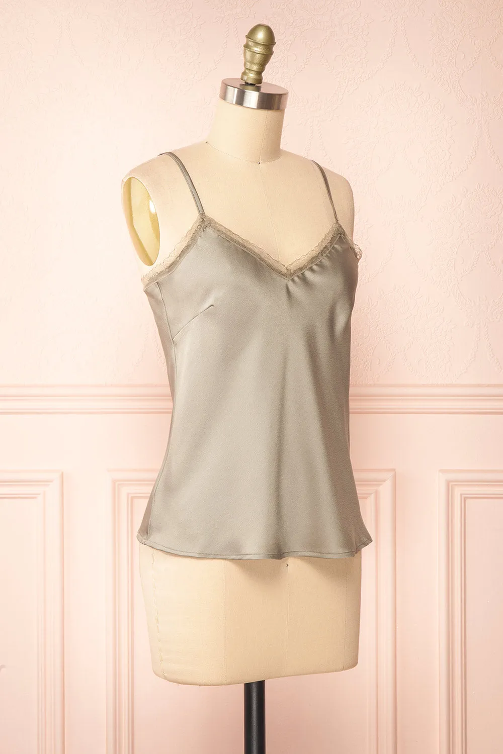 Alexa | Green Satin Cami Top w/ Lace Trim sold by Boutique 1861 product image thumbnail 3