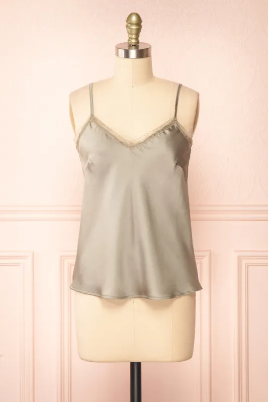 Alexa | Green Satin Cami Top w/ Lace Trim sold by Boutique 1861