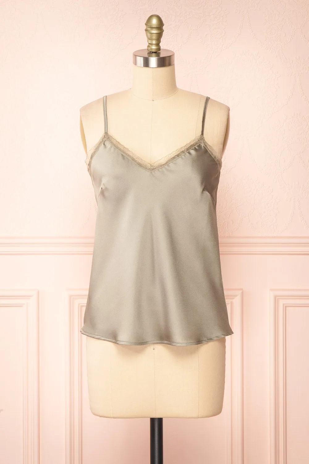 Alexa | Green Satin Cami Top w/ Lace Trim sold by Boutique 1861