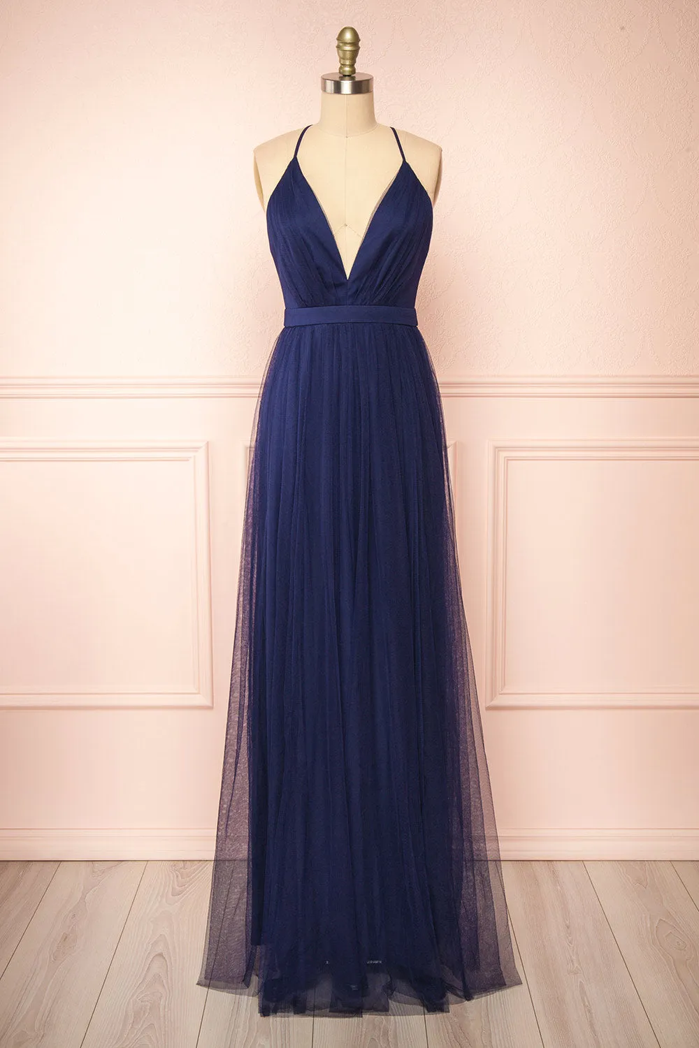 Ilaria Navy | Tulle Gown w/ Plunging Neckline sold by Boutique 1861