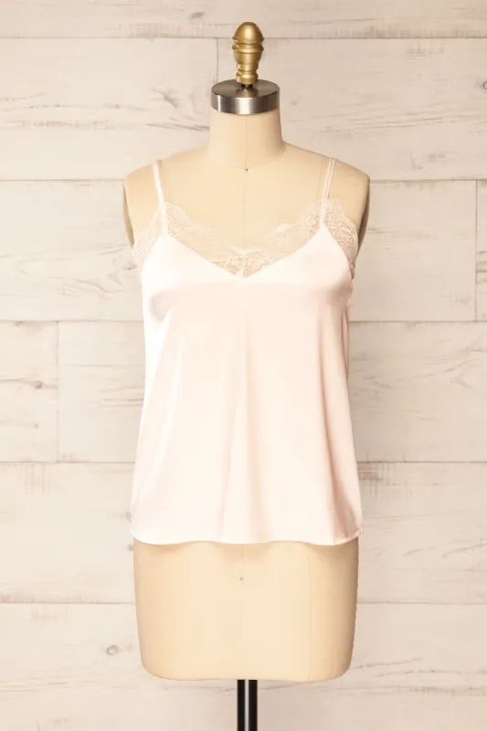 Guarenas | Pink Satin Cami Top w/ Lace Trim sold by Boutique 1861
