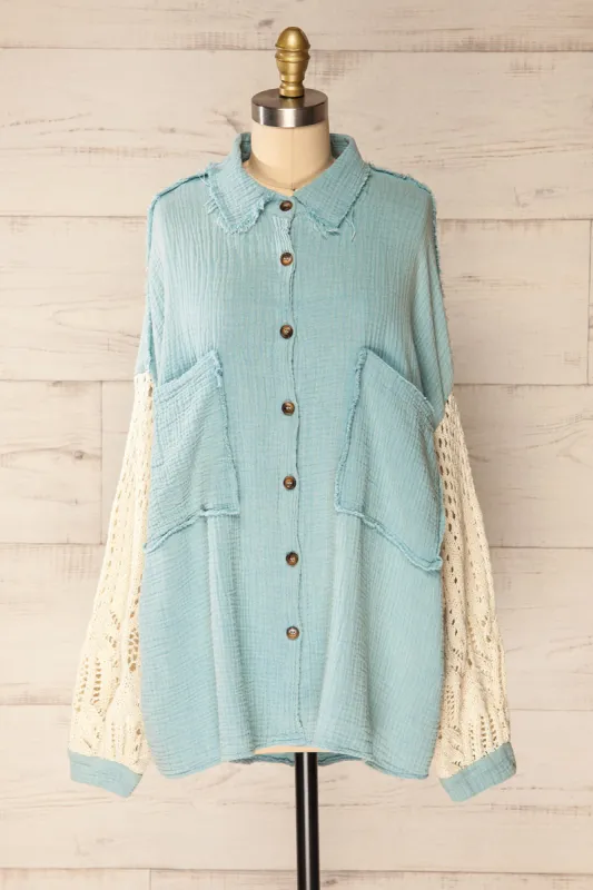 Jaipur Blue | Oversized Shirt w/ Knit Sleeves sold by Boutique 1861
