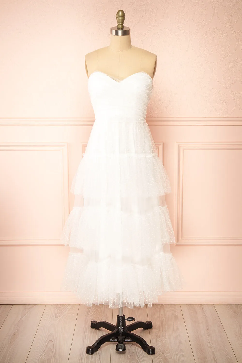 Joanna | White Polka Dot Strapless Midi Dress sold by Boutique 1861