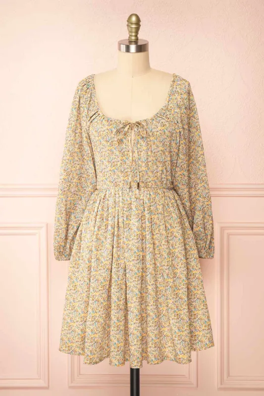 Jyna | Short Floral Pleated Dress with Open Back made by Boutique 1861