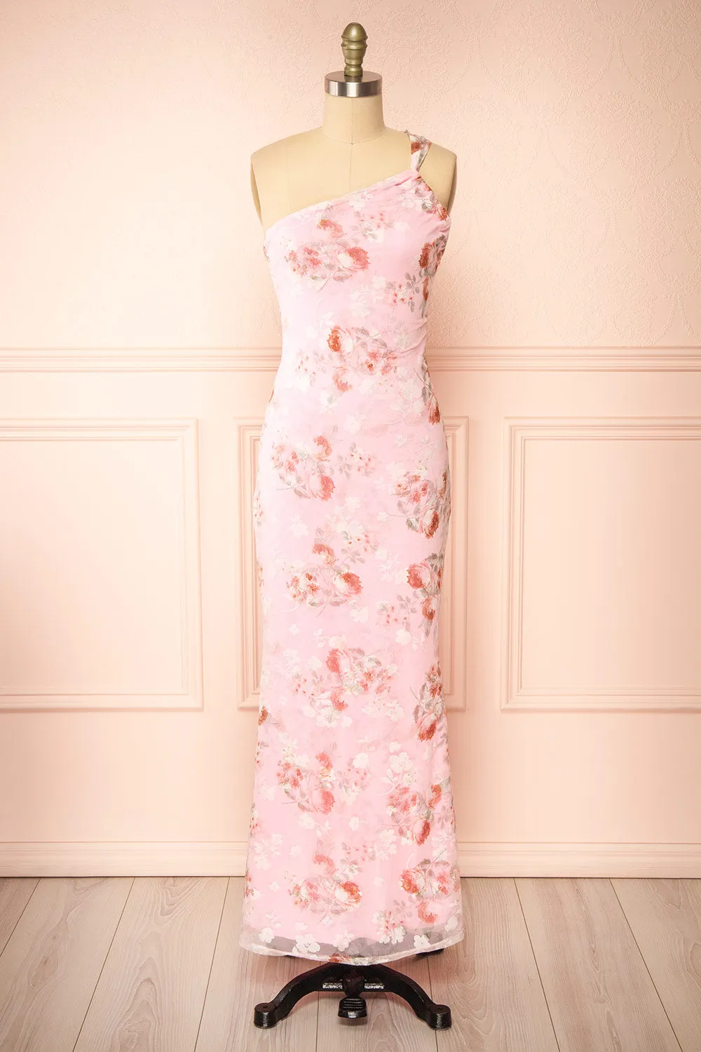Delores | Pink Midi One Shoulder Floral Dress sold by Boutique 1861
