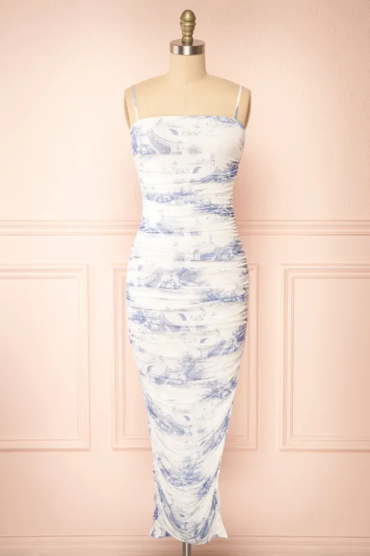 Yalina | Fitted Ruched Midi Dress w/ Vintage Motif sold by Boutique 1861