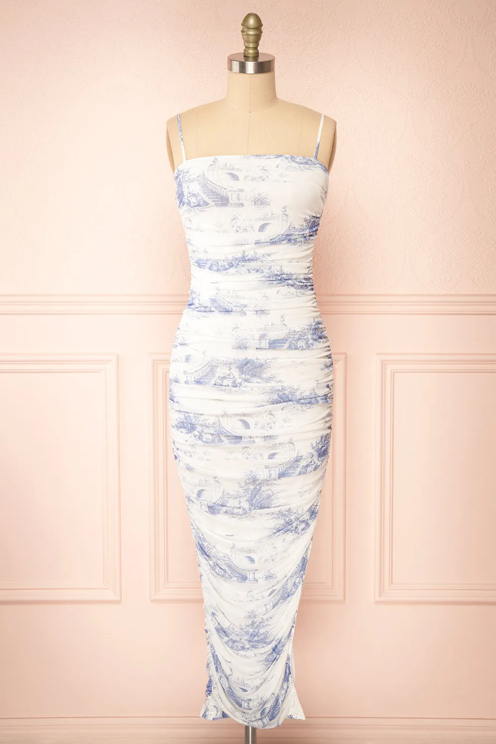 Yalina | Fitted Ruched Midi Dress w/ Vintage Motif sold by Boutique 1861