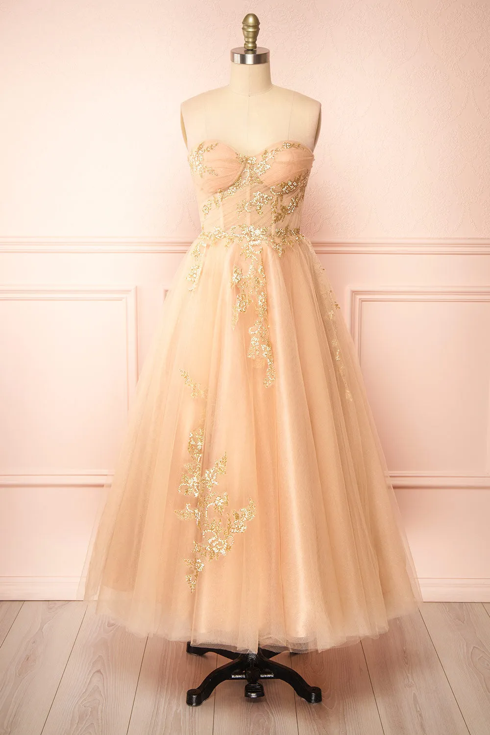 Delilah | Tulle Bustier Midi Dress w/ Floral Appliqués sold by Boutique 1861