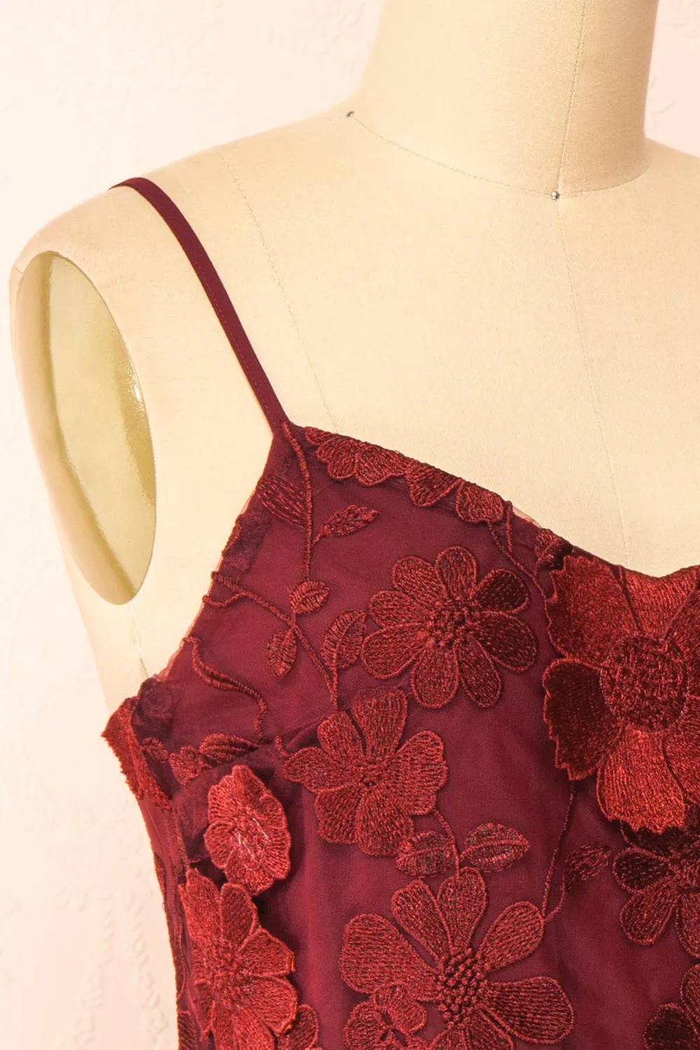 Liliane Burgundy | Short Mesh Dress w/ Floral Appliqués sold by Boutique 1861 product image thumbnail 5
