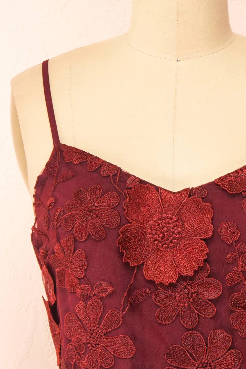 Liliane Burgundy | Short Mesh Dress w/ Floral Appliqués sold by Boutique 1861 product image thumbnail 3