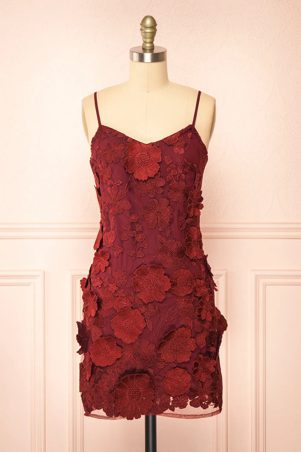 Liliane Burgundy | Short Mesh Dress w/ Floral Appliqués sold by Boutique 1861