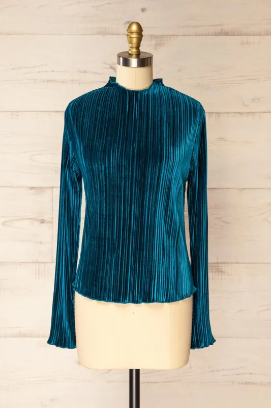 Bagnolet Teal | Ribbed Top w/ Stand Collar sold by Boutique 1861