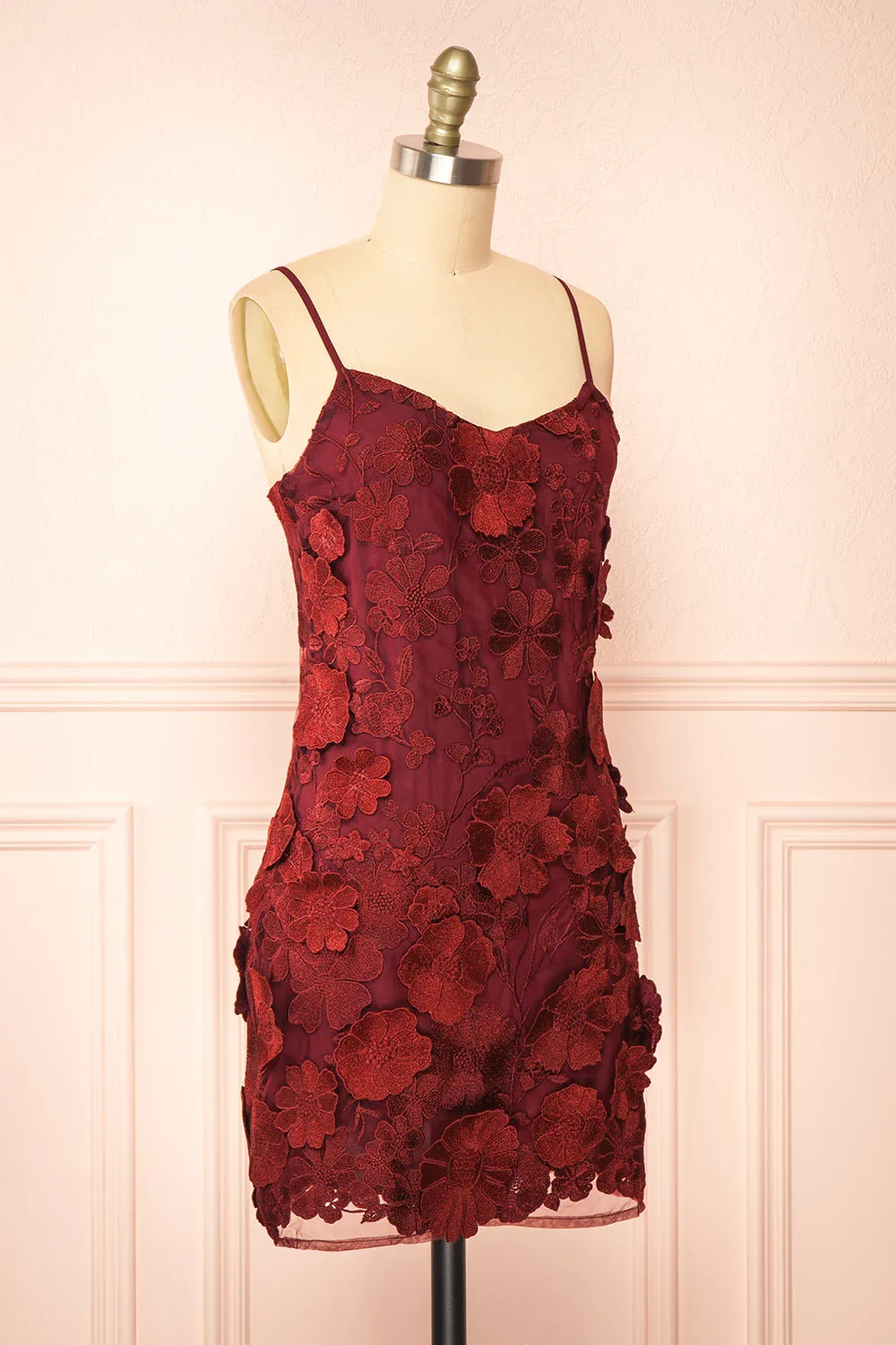 Liliane Burgundy | Short Mesh Dress w/ Floral Appliqués sold by Boutique 1861 product image thumbnail 4