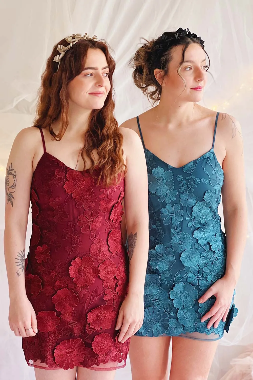 Liliane Burgundy | Short Mesh Dress w/ Floral Appliqués sold by Boutique 1861 product image thumbnail 2