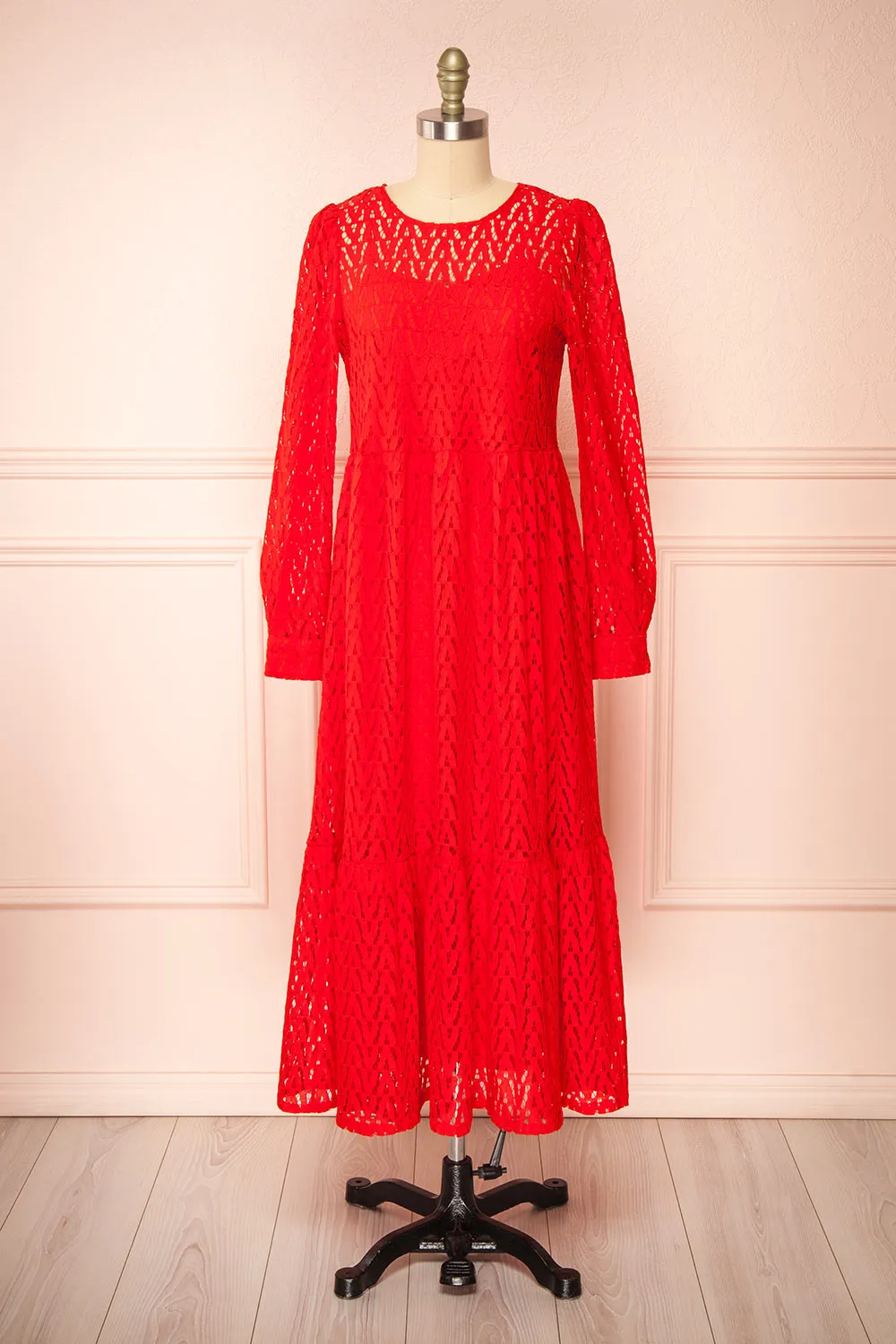 Christina | Red Lace Midi Dress w/ Long Sleeves sold by Boutique 1861