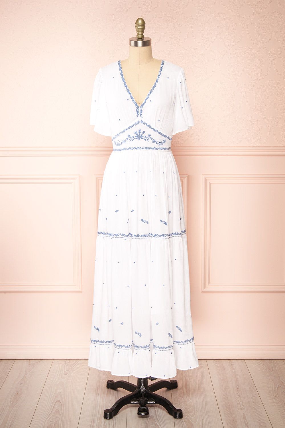 Monet | White Maxi Dress w/ Blue Embroidery sold by Boutique 1861