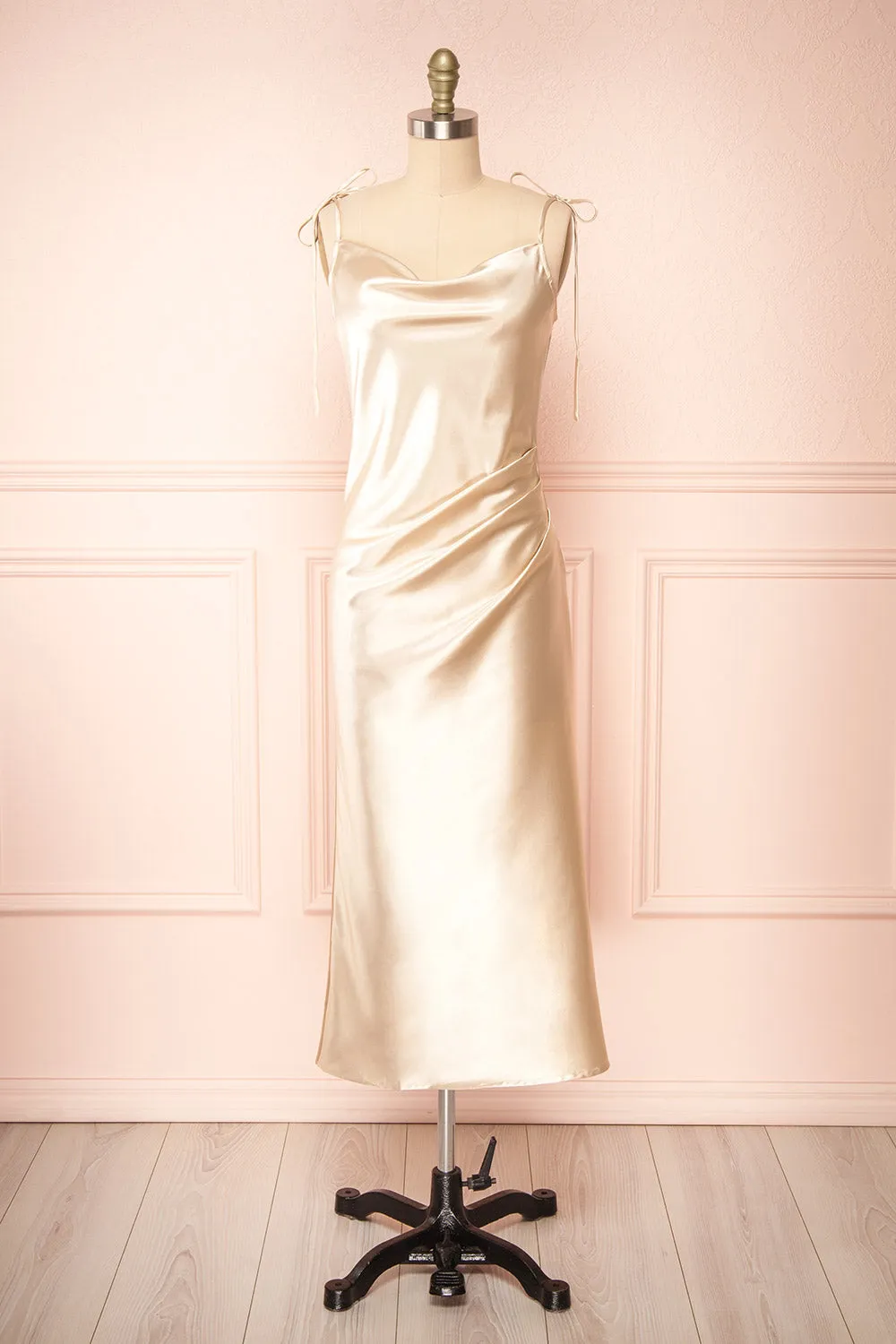 Elyse Beige | Cowl Neck Midi Dress sold by Boutique 1861