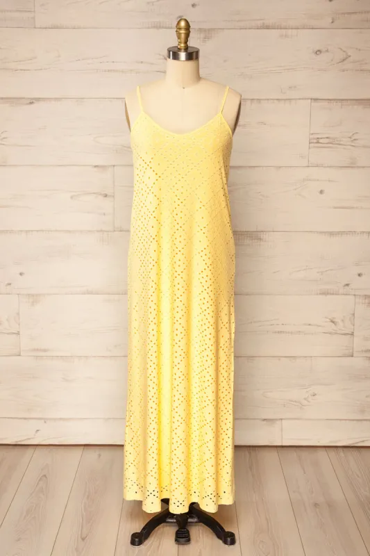 Miraflores Yellow | Straight Cut Maxi Dress w/ Openwork sold by Boutique 1861