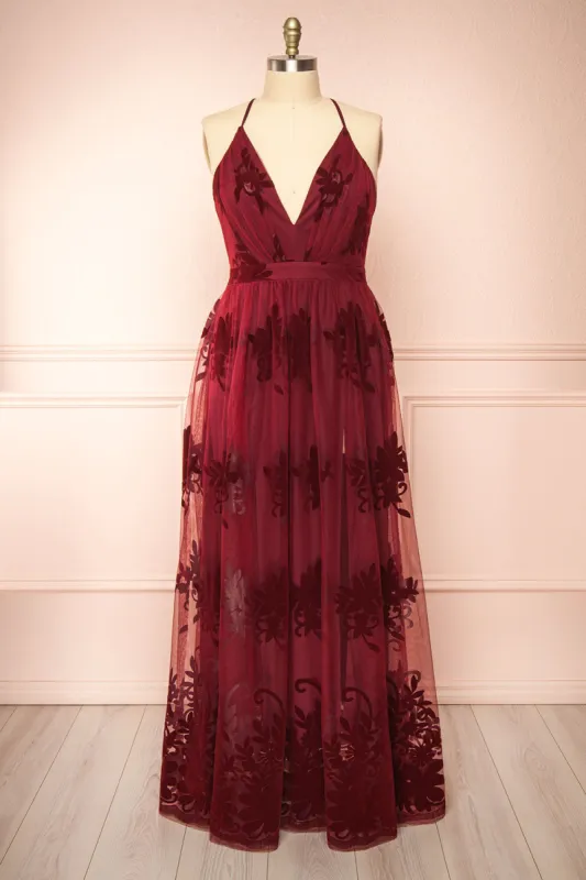 Hyade Burgundy | Plus Size Floral V-Neck Maxi Dress sold by Boutique 1861