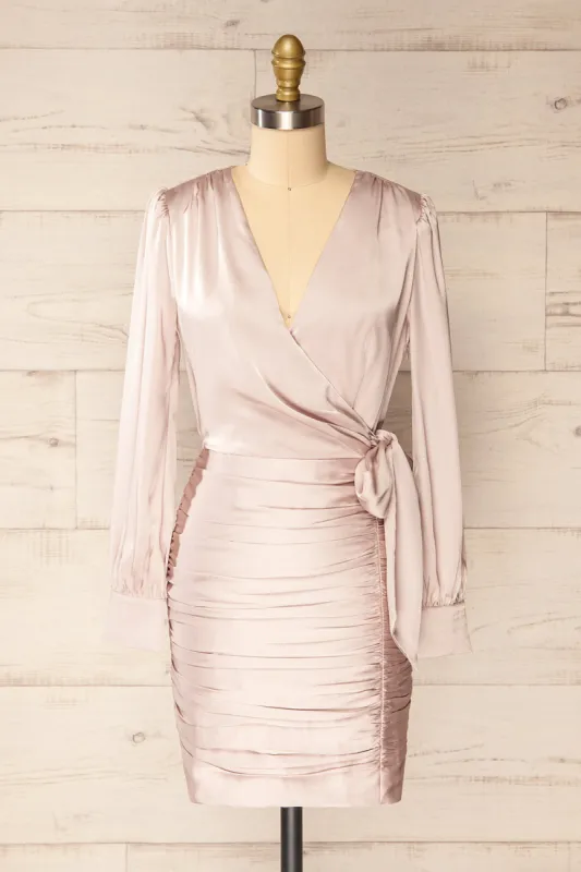 Calais | Short Champagne Satin Dress w/ Long Sleeves sold by Boutique 1861