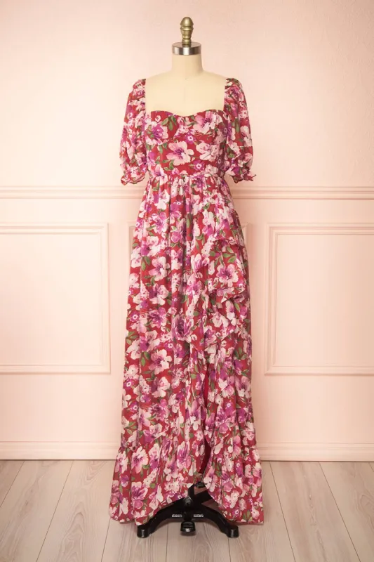 Nardai | Burgundy Empire Waist Floral Maxi Dress sold by Boutique 1861