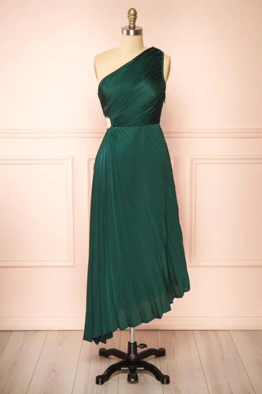 Swifty | Green Asymmetrical Pleated Satin Dress sold by Boutique 1861