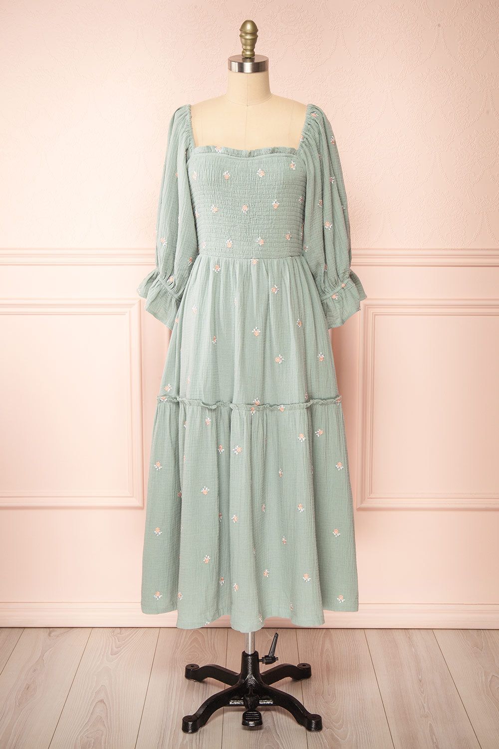 Estelle | Blue Grey Midi Dress w/ Floral Embroidery sold by Boutique 1861