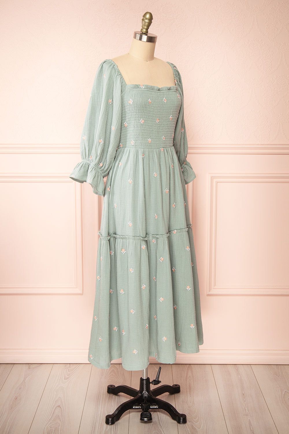 Estelle | Blue Grey Midi Dress w/ Floral Embroidery sold by Boutique 1861 product image thumbnail 3