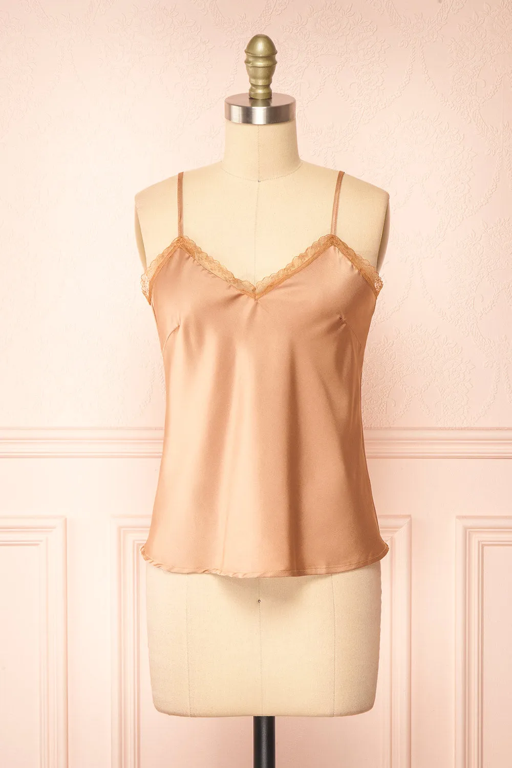 Alexa Caramel | Satin Cami Top w/ Lace Trim sold by Boutique 1861
