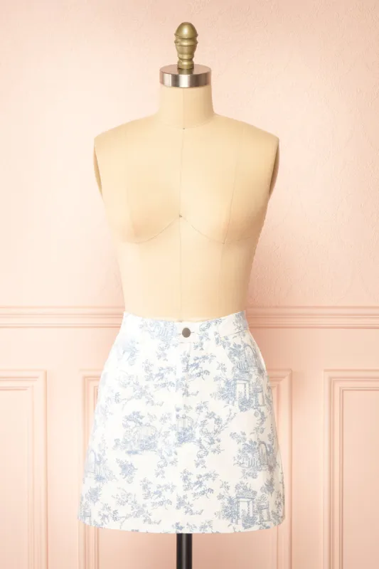 Journia | Short White Skirt w/ Blue Vintage Print sold by Boutique 1861