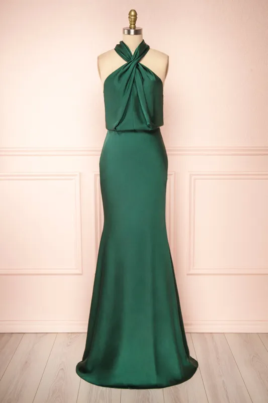 Jinny Emerald | Satin Halter Maxi Dress sold by Boutique 1861