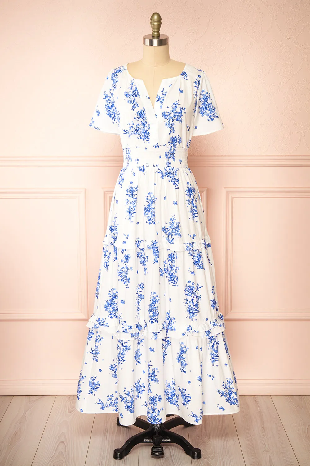 Claudia | White Maxi Dress w/ Blue Floral Pattern sold by Boutique 1861