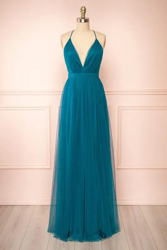 Ilaria Teal | Tulle Gown with Plunging Neckline sold by Boutique 1861