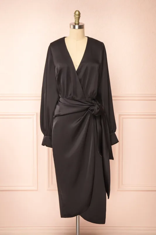 Lunaria Black | Satin Wrap Midi Dress w/ Long Sleeves sold by Boutique 1861