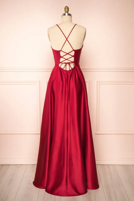 Julia Burgundy | Satin Maxi Dress with High Slit sold by Boutique 1861