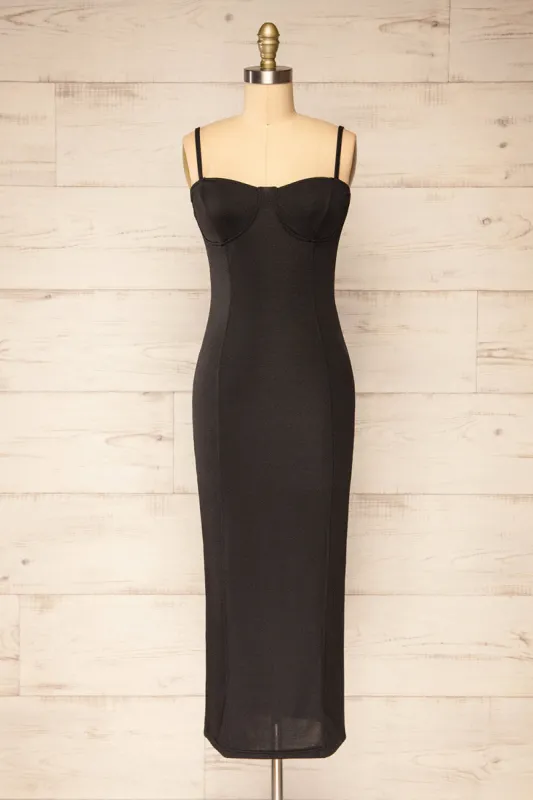 Suai Black | Fitted Midi Dress w/ Back Slit sold by Boutique 1861