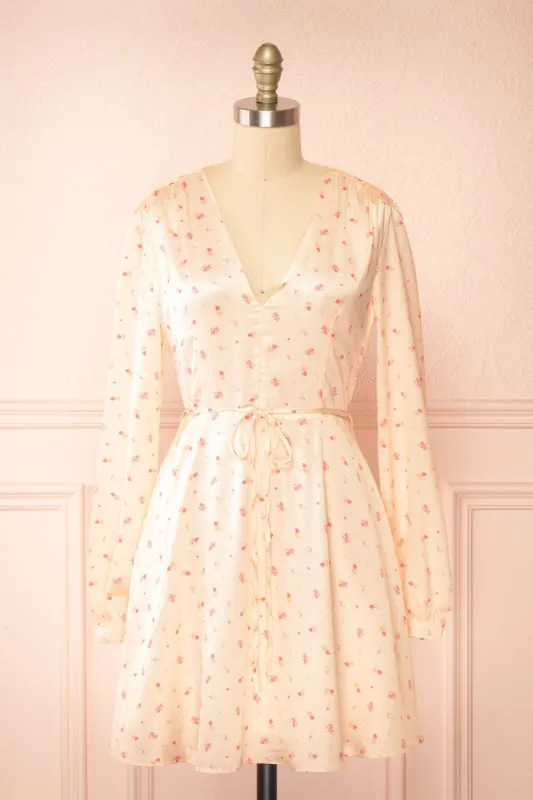 Georgia | Short Pink Satin Floral Dress sold by Boutique 1861