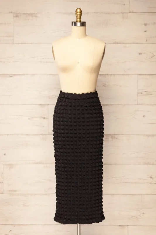 Wyrley Black | Popcorn Textured Midi Skirt sold by Boutique 1861