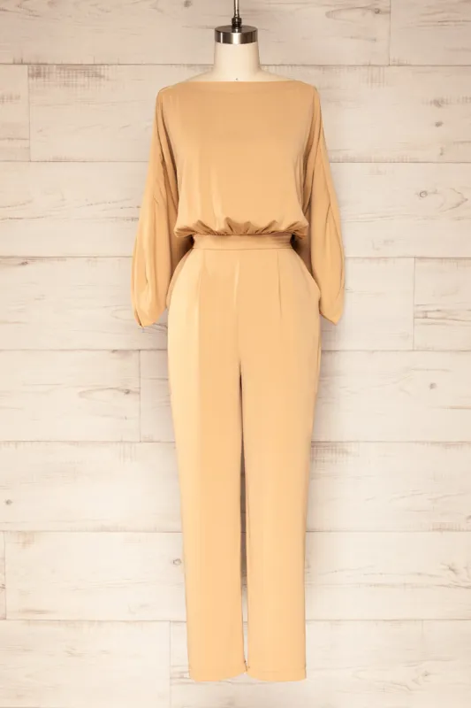 Hanrine Beige | Boat Neckline Jumpsuit w/ Pockets sold by Boutique 1861