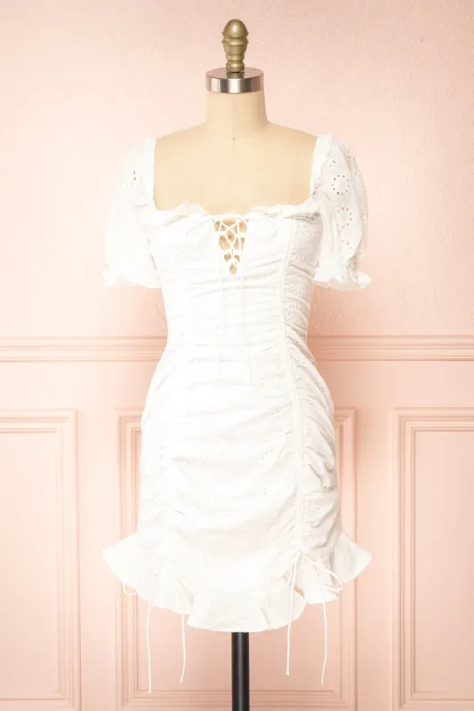 Octensia | Short White Fitted Dress w/ Openwork Embroidery sold by Boutique 1861