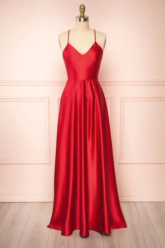 Julia Red | Satin Maxi Dress w/ High Slit sold by Boutique 1861