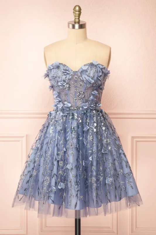 Eudora | Short Sparkly Blue Dress w/ Floral Appliqués sold by Boutique 1861