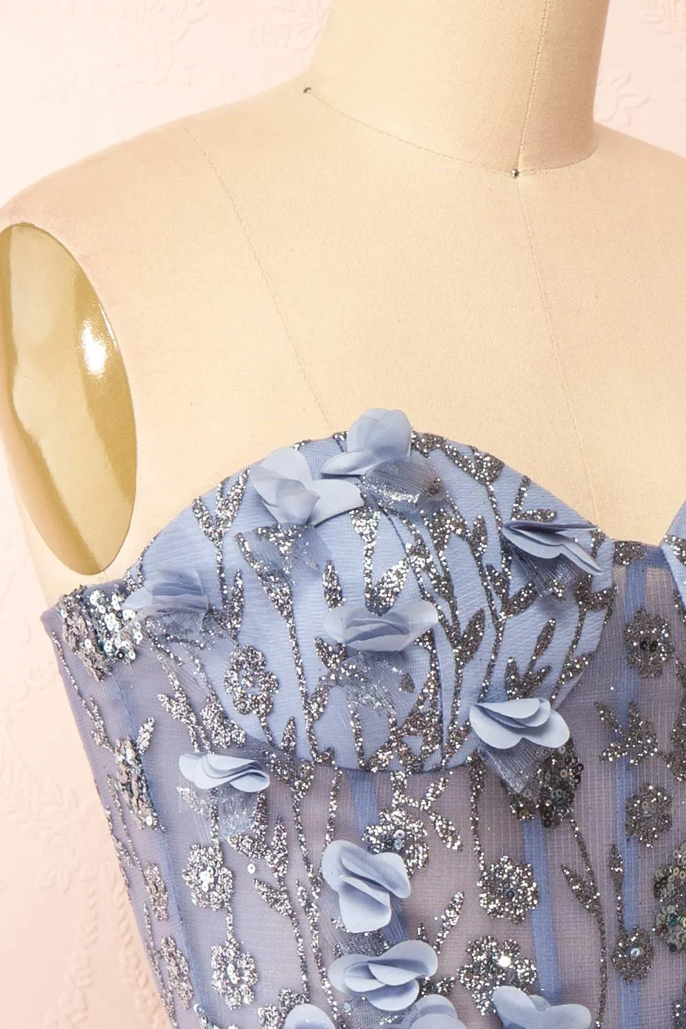 Eudora | Short Sparkly Blue Dress w/ Floral Appliqués sold by Boutique 1861 product image thumbnail 5