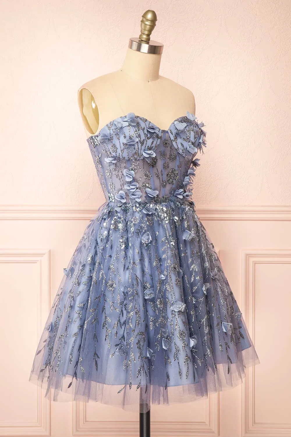 Eudora | Short Sparkly Blue Dress w/ Floral Appliqués sold by Boutique 1861 product image thumbnail 4