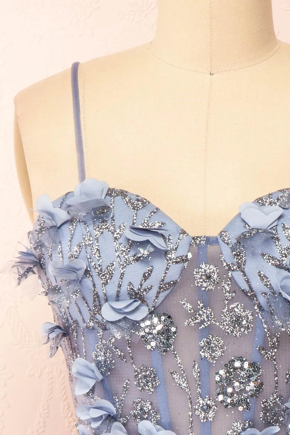Eudora | Short Sparkly Blue Dress w/ Floral Appliqués sold by Boutique 1861 product image thumbnail 3